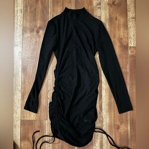 SHEIN Black Long Sleeve Ruched Dress with Eyelet design.